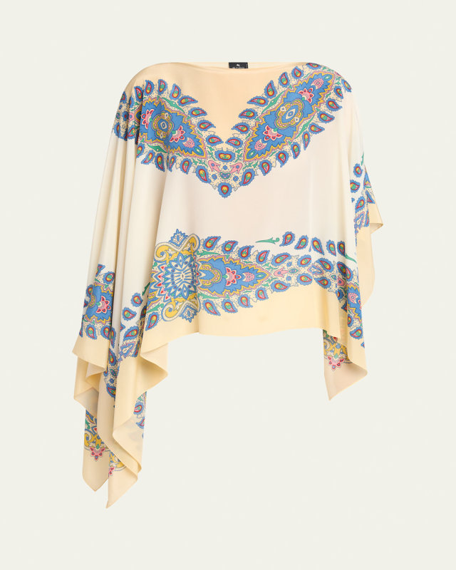Paisley-Print Silk Asymmetric Poncho